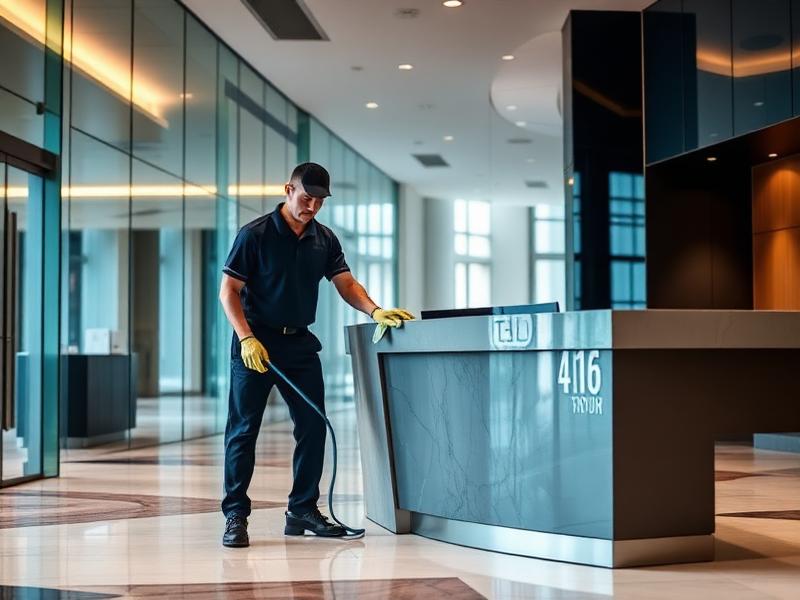 Professional commercial cleaner wiping down a Sydney office reception desk after hours