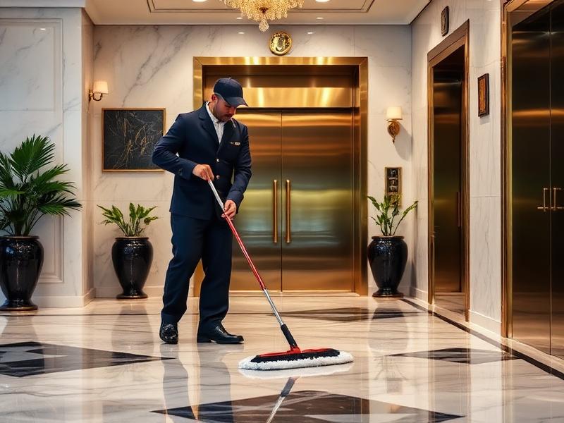 Strata cleaner mopping the lobby and lift area of a Sydney apartment building